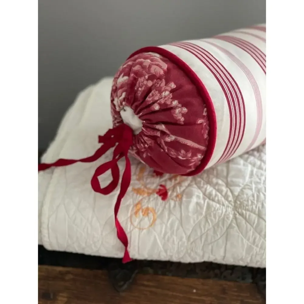 Vintage Red Stripe Bolster Pillow Cottage Farmhouse French Country Decor